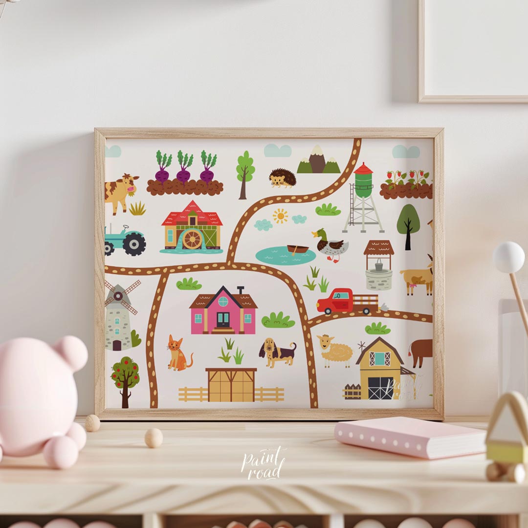 This vibrant and detailed poster showcases a charming illustrated map of a bustling farm, rich with… for nursery