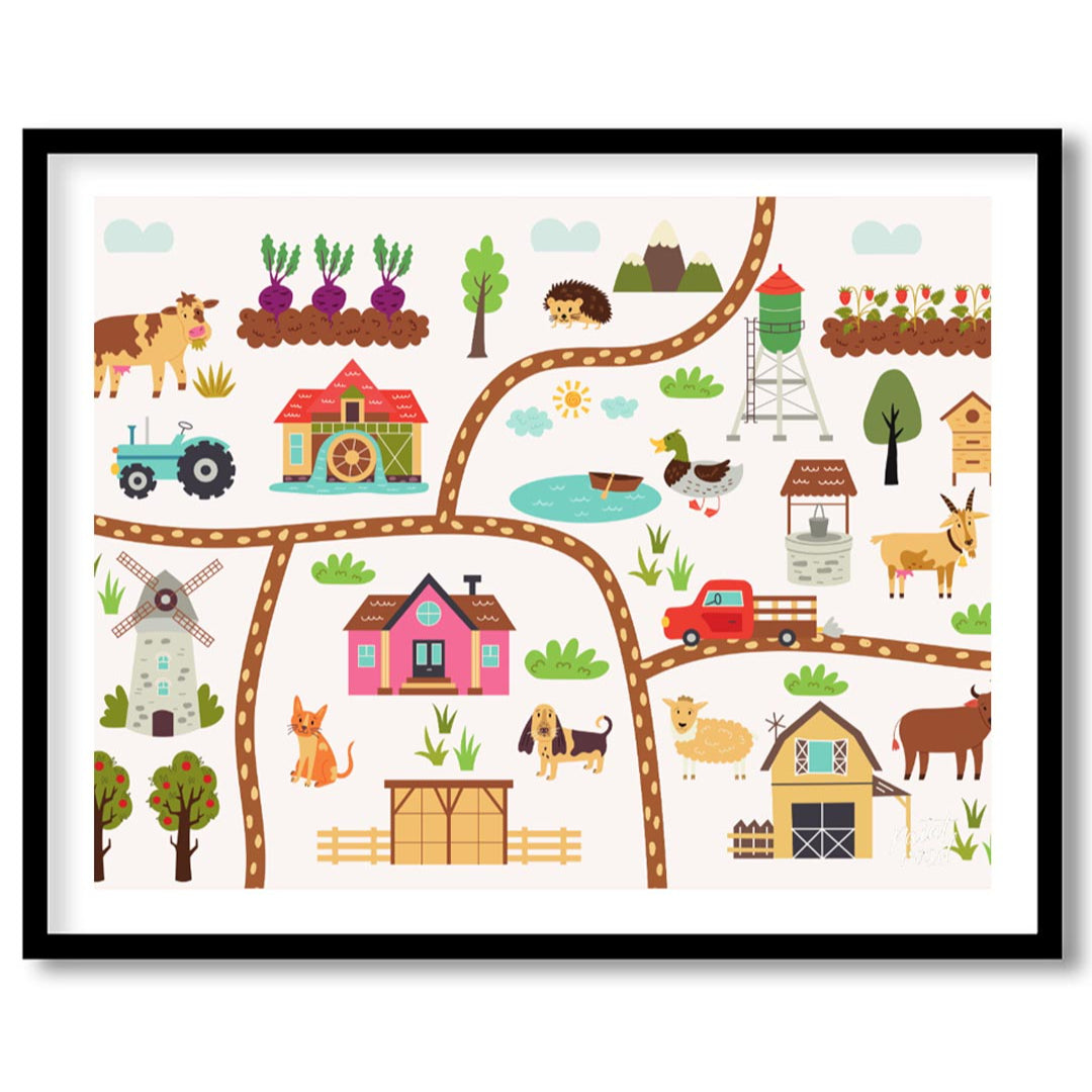 This vibrant and detailed poster showcases a charming illustrated map of a bustling farm, rich with… for room