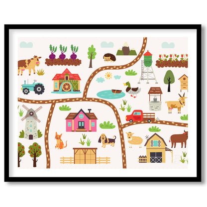 This vibrant and detailed poster showcases a charming illustrated map of a bustling farm, rich with… for room
