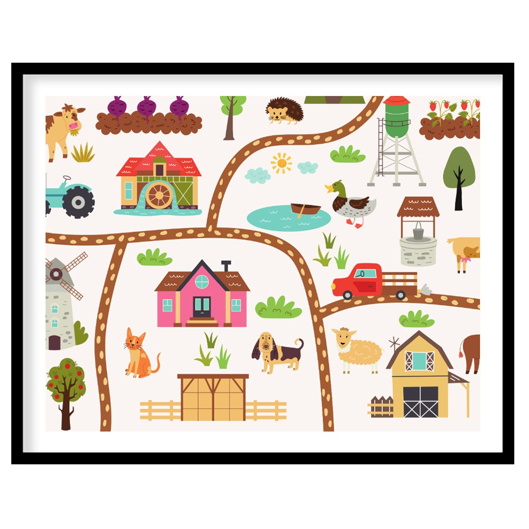 This vibrant and detailed poster showcases a charming illustrated map of a bustling farm, rich with… for room