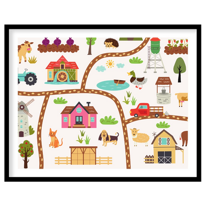 This vibrant and detailed poster showcases a charming illustrated map of a bustling farm, rich with… for room