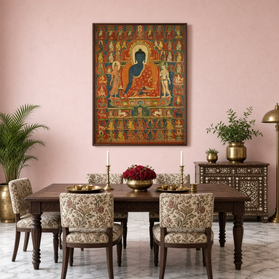 This exquisite Thangka artwork captures Akshobhya Buddha in serene meditation, surrounded by a for Dining