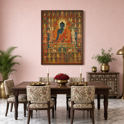This exquisite Thangka artwork captures Akshobhya Buddha in serene meditation, surrounded by a for Dining