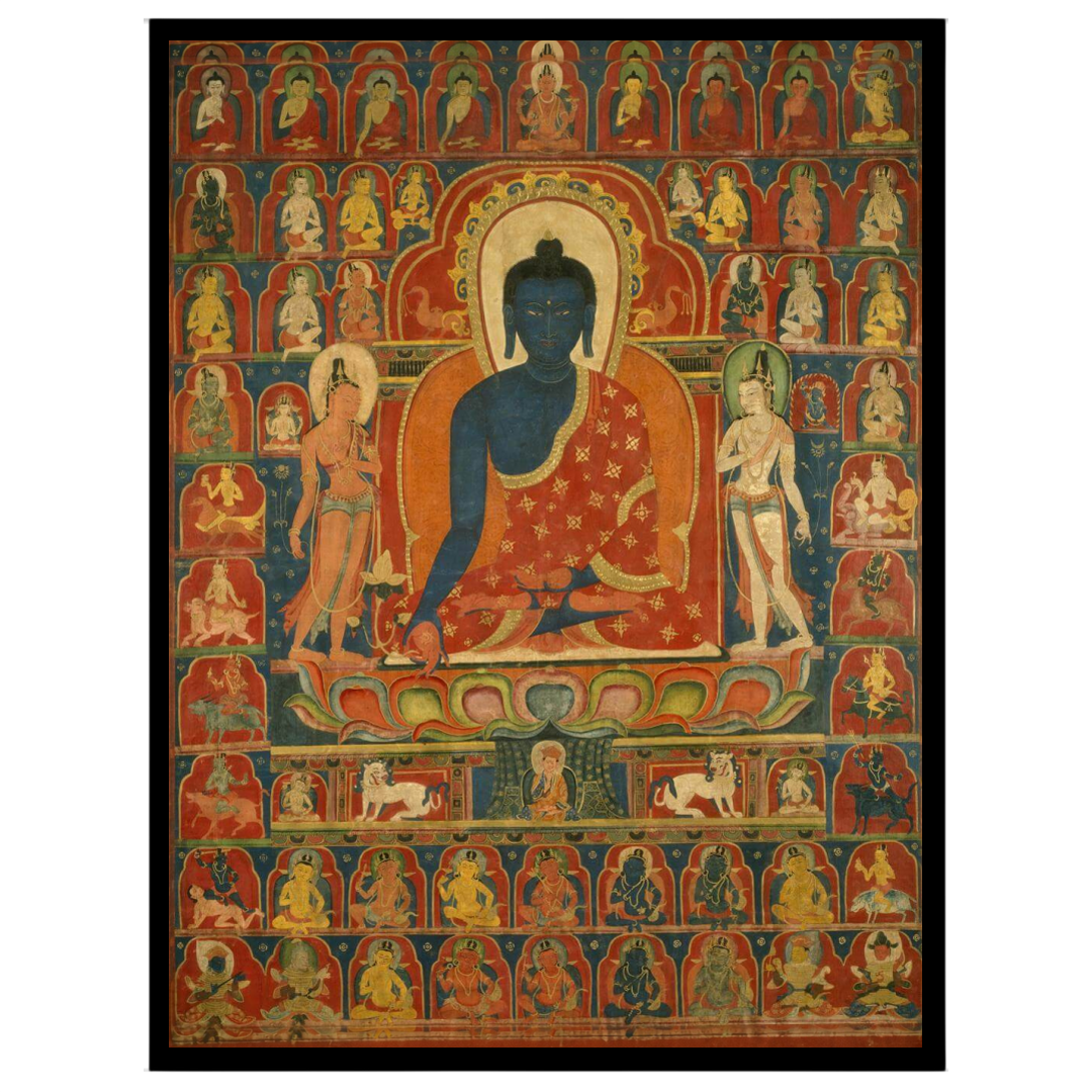 This exquisite Thangka artwork captures Akshobhya Buddha in serene meditation, surrounded by a for dwelling