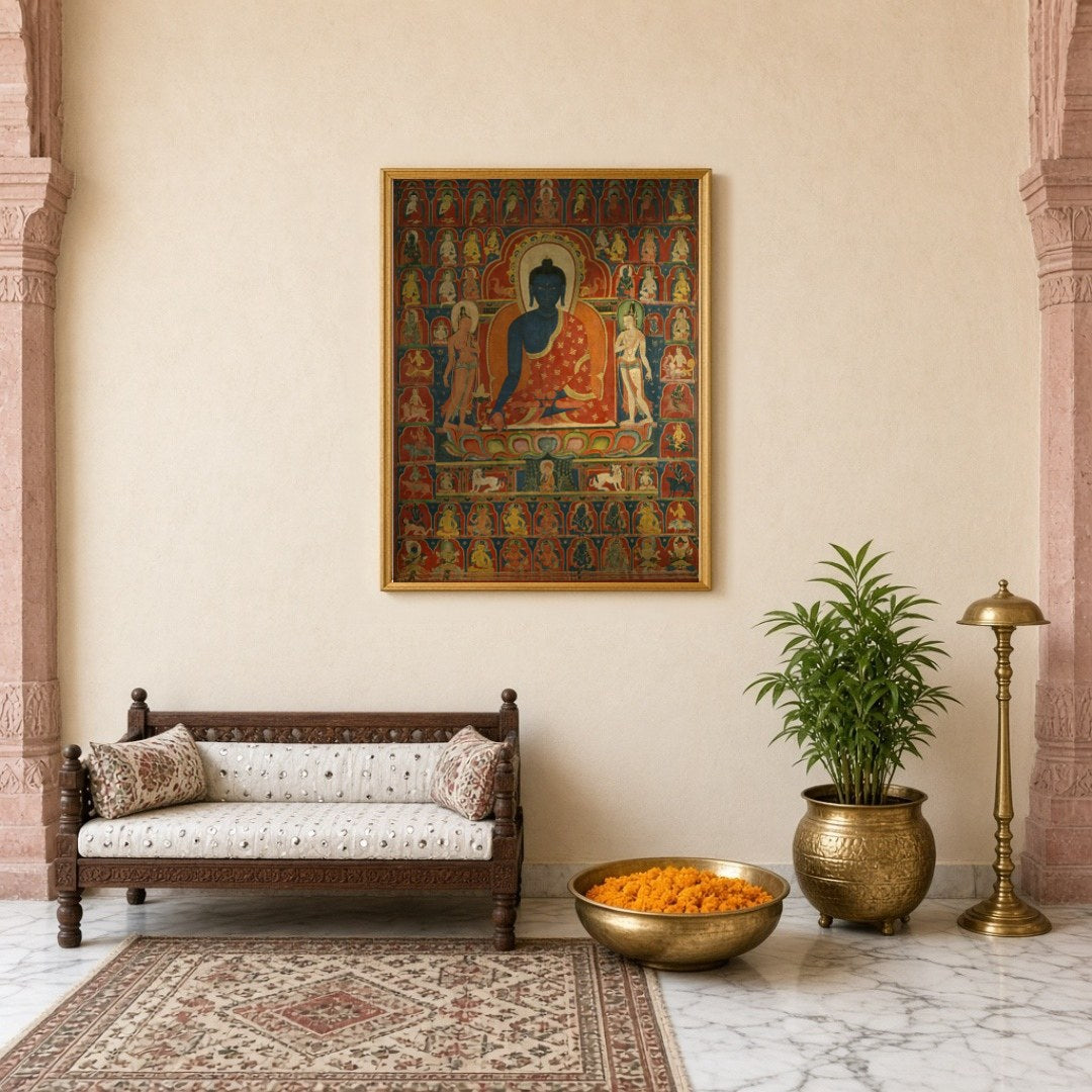 This exquisite Thangka artwork captures Akshobhya Buddha in serene meditation, surrounded by a for Entrance
