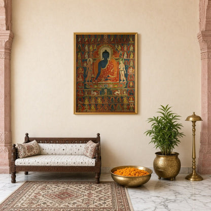 This exquisite Thangka artwork captures Akshobhya Buddha in serene meditation, surrounded by a for Entrance