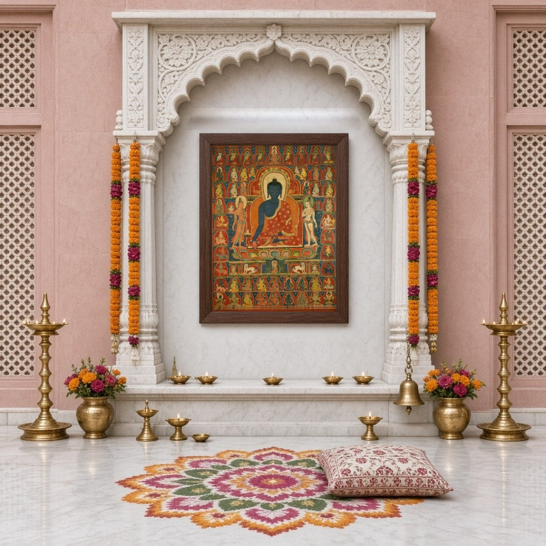 This exquisite Thangka artwork captures Akshobhya Buddha in serene meditation, surrounded by a for Home Temple