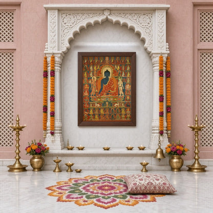 This exquisite Thangka artwork captures Akshobhya Buddha in serene meditation, surrounded by a for Home Temple