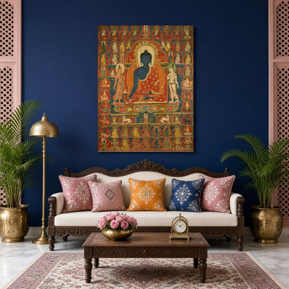 This exquisite Thangka artwork captures Akshobhya Buddha in serene meditation, surrounded by a for Living Room