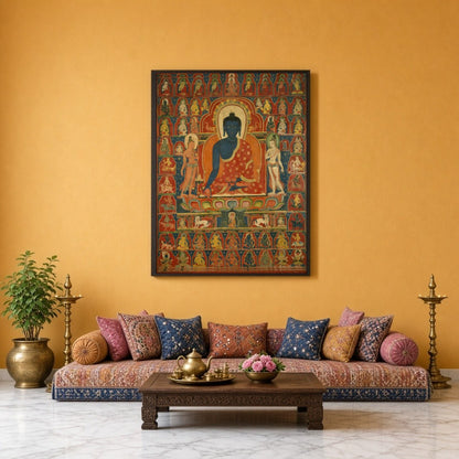This exquisite Thangka artwork captures Akshobhya Buddha in serene meditation, surrounded by a for Sitting Lounge