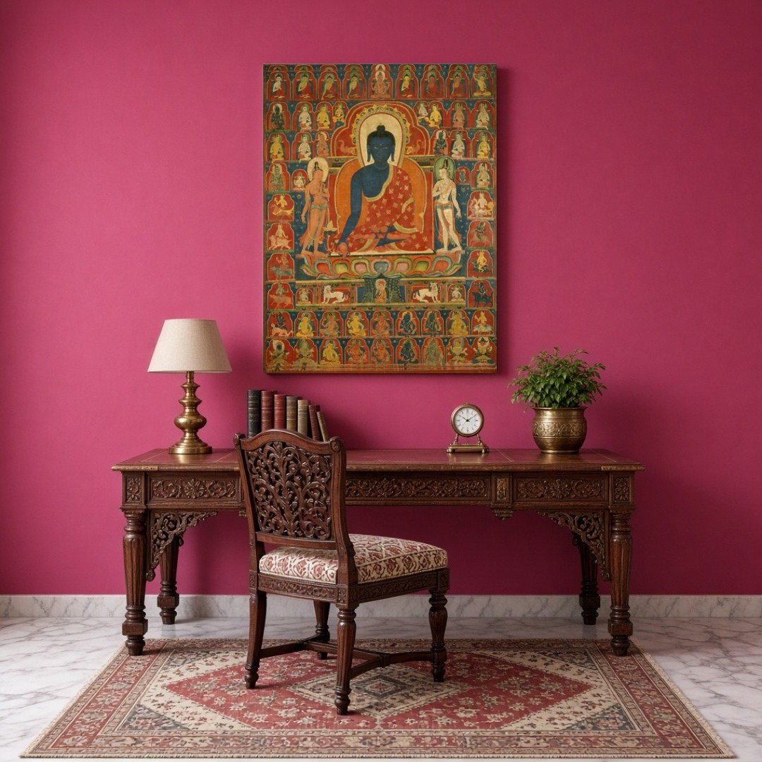 This exquisite Thangka artwork captures Akshobhya Buddha in serene meditation, surrounded by a for Study