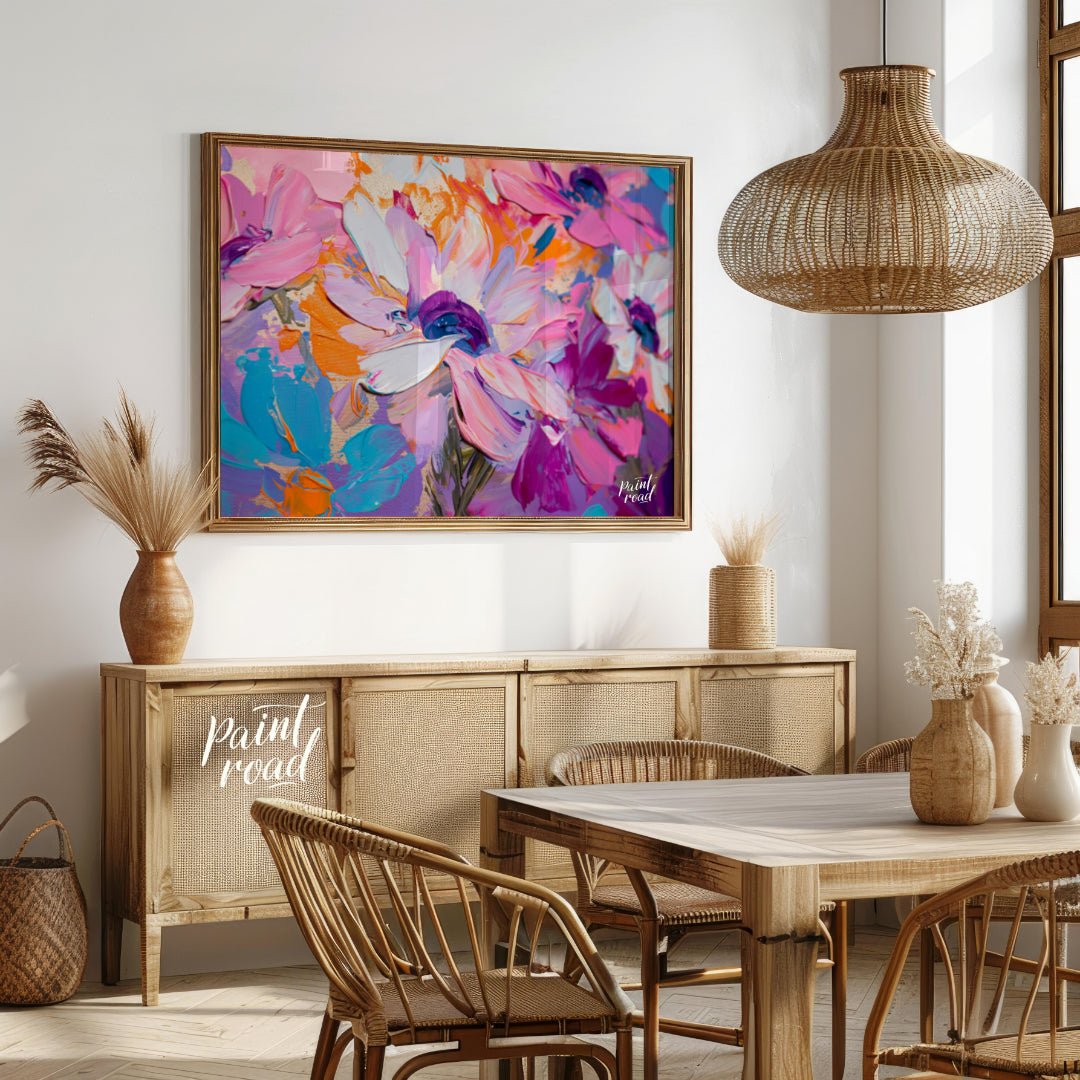 "Impasto Bloom" presents a close-up view of vibrant flowers rendered in thick, textured impasto pai… for dining room