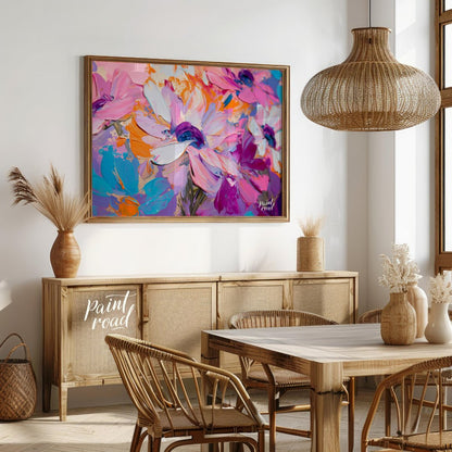 "Impasto Bloom" presents a close-up view of vibrant flowers rendered in thick, textured impasto pai… for dining room