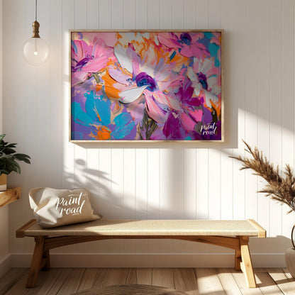 "Impasto Bloom" presents a close-up view of vibrant flowers rendered in thick, textured impasto pai… for entryway