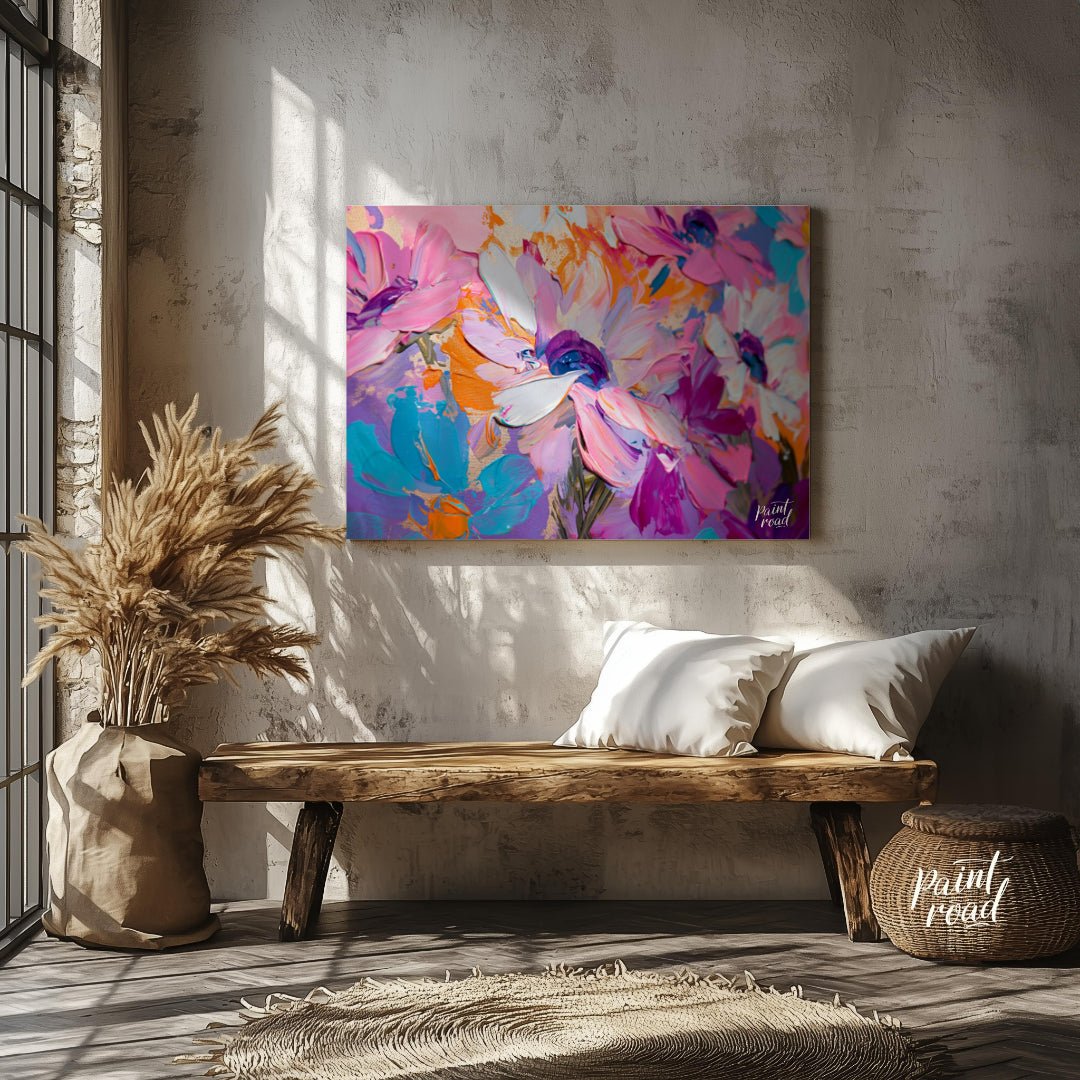 "Impasto Bloom" presents a close-up view of vibrant flowers rendered in thick, textured impasto pai… for entryway