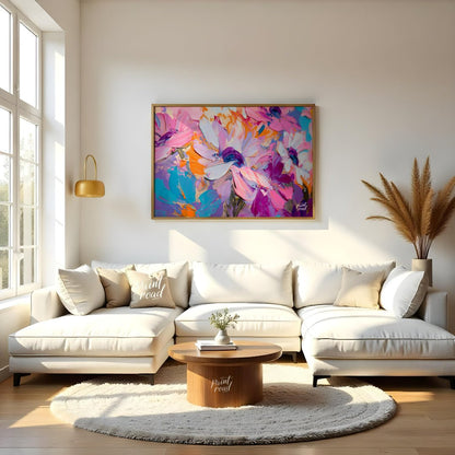 "Impasto Bloom" presents a close-up view of vibrant flowers rendered in thick, textured impasto pai… for living room