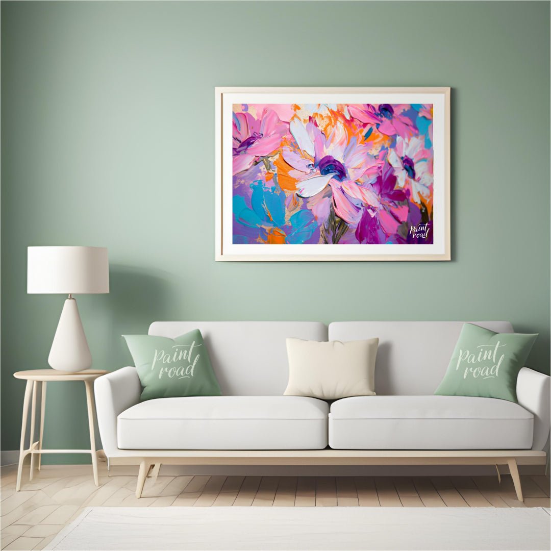 "Impasto Bloom" presents a close-up view of vibrant flowers rendered in thick, textured impasto pai… for living room