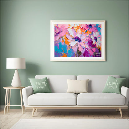 "Impasto Bloom" presents a close-up view of vibrant flowers rendered in thick, textured impasto pai… for living room