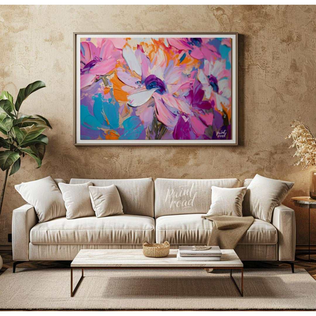 "Impasto Bloom" presents a close-up view of vibrant flowers rendered in thick, textured impasto pai… for living room