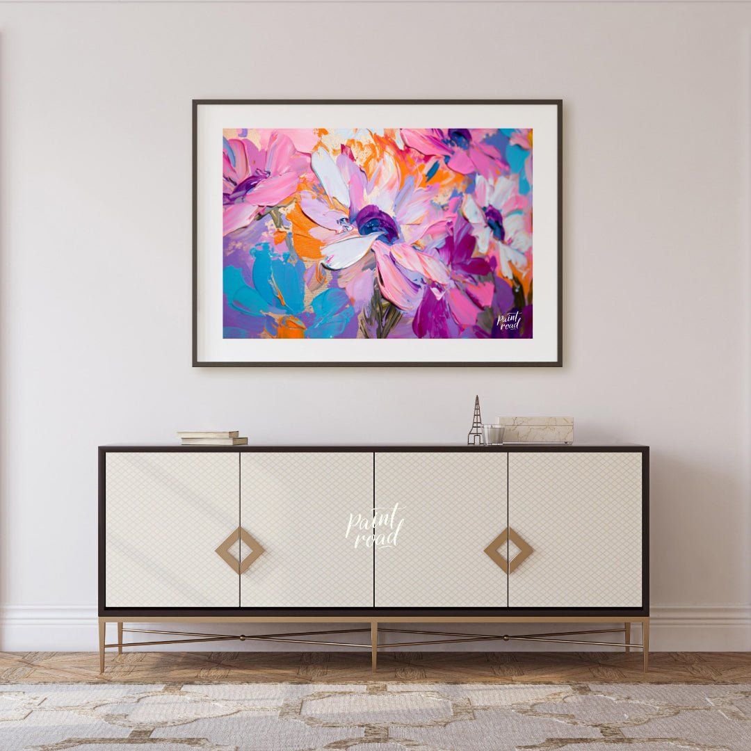 "Impasto Bloom" presents a close-up view of vibrant flowers rendered in thick, textured impasto pai… for living room