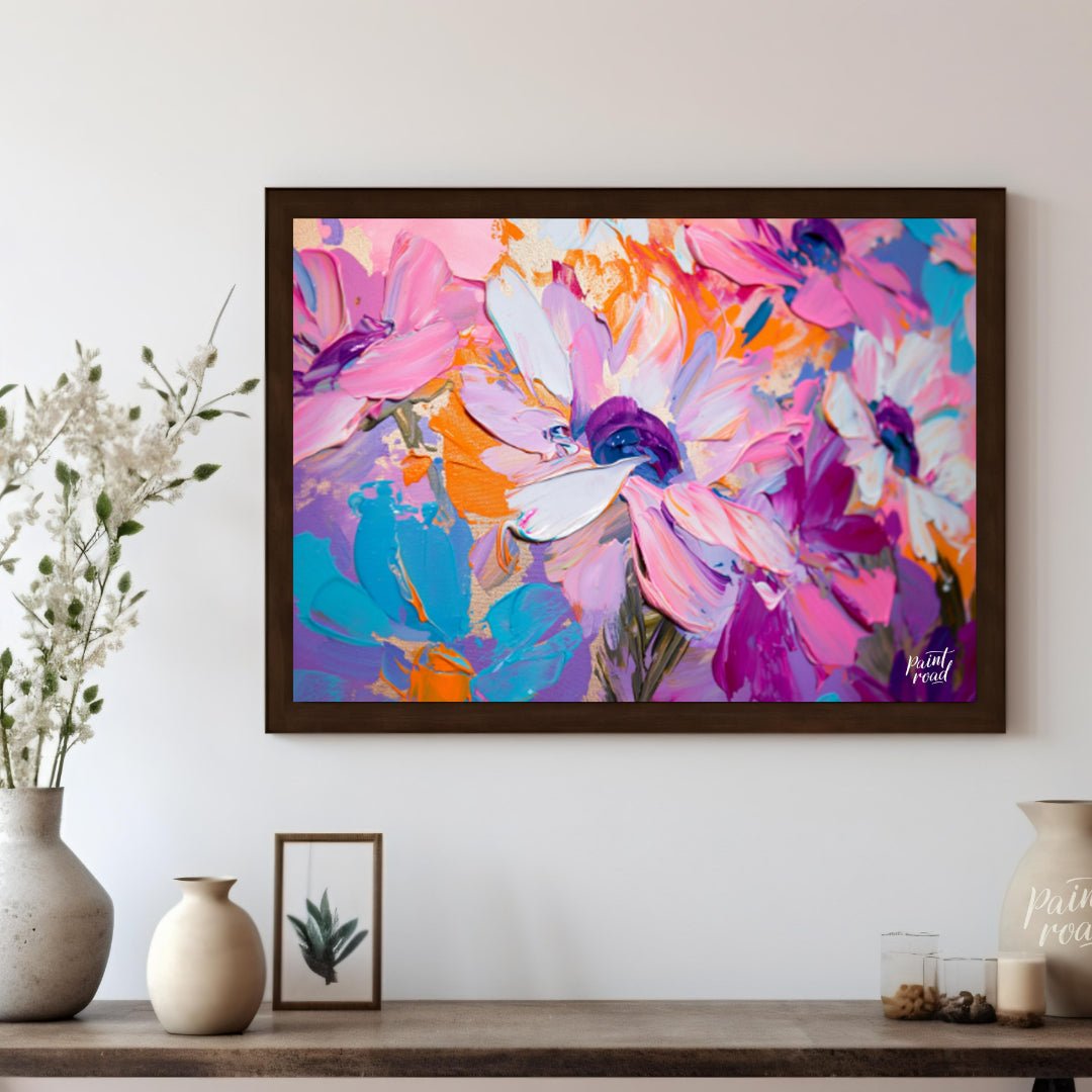 "Impasto Bloom" presents a close-up view of vibrant flowers rendered in thick, textured impasto pai… for living room