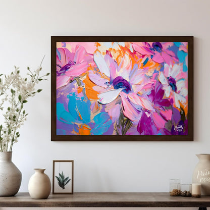 "Impasto Bloom" presents a close-up view of vibrant flowers rendered in thick, textured impasto pai… for living room