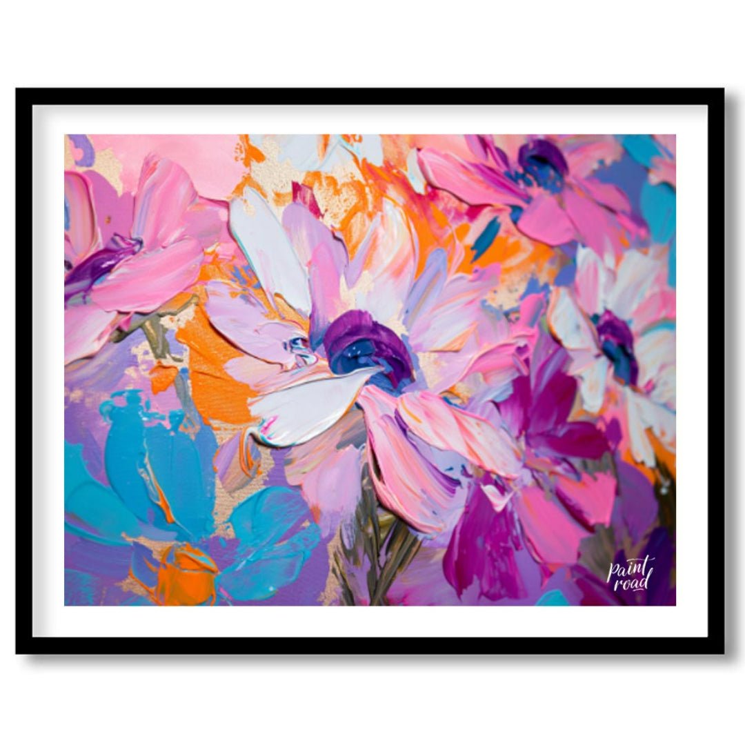 "Impasto Bloom" presents a close-up view of vibrant flowers rendered in thick, textured impasto pai… for place