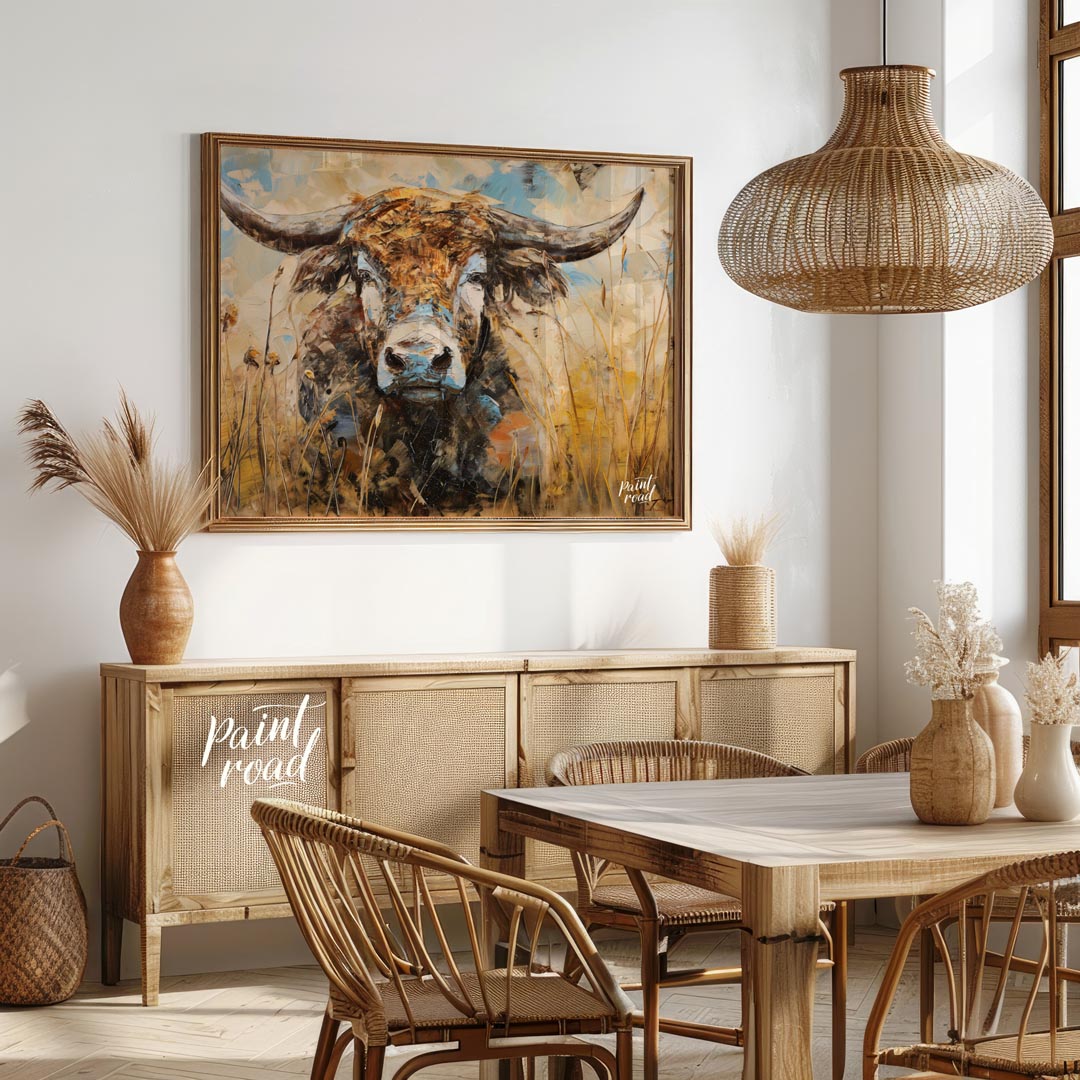 This powerful and expressive oil painting features a majestic bull, depicted with a striking impast… for dining room