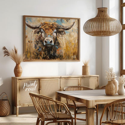 This powerful and expressive oil painting features a majestic bull, depicted with a striking impast… for dining room