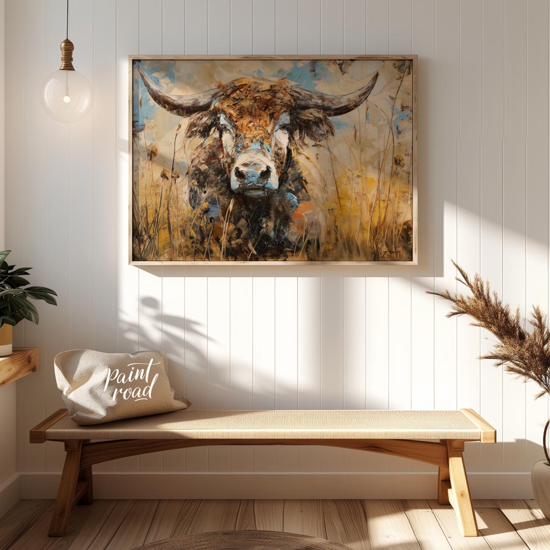This powerful and expressive oil painting features a majestic bull, depicted with a striking impast… for entryway