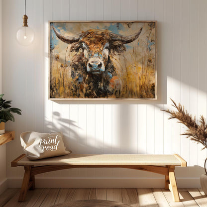 This powerful and expressive oil painting features a majestic bull, depicted with a striking impast… for entryway