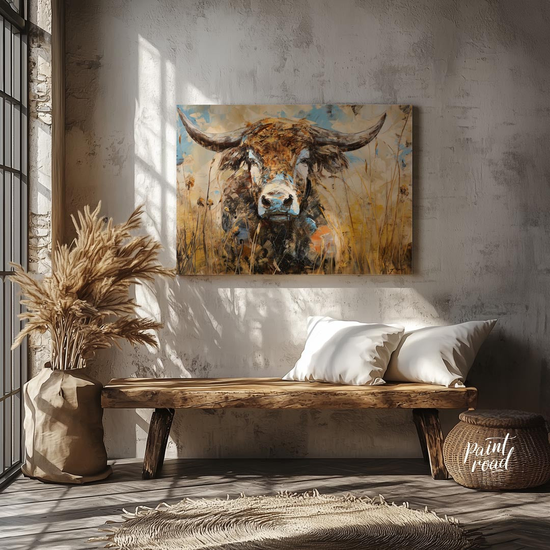 This powerful and expressive oil painting features a majestic bull, depicted with a striking impast… for entryway