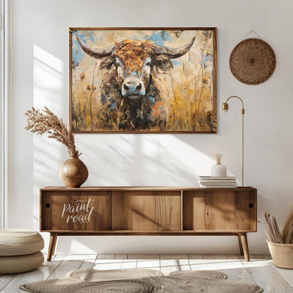 This powerful and expressive oil painting features a majestic bull, depicted with a striking impast… for living room