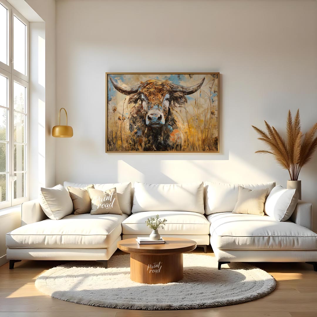 This powerful and expressive oil painting features a majestic bull, depicted with a striking impast… for living room