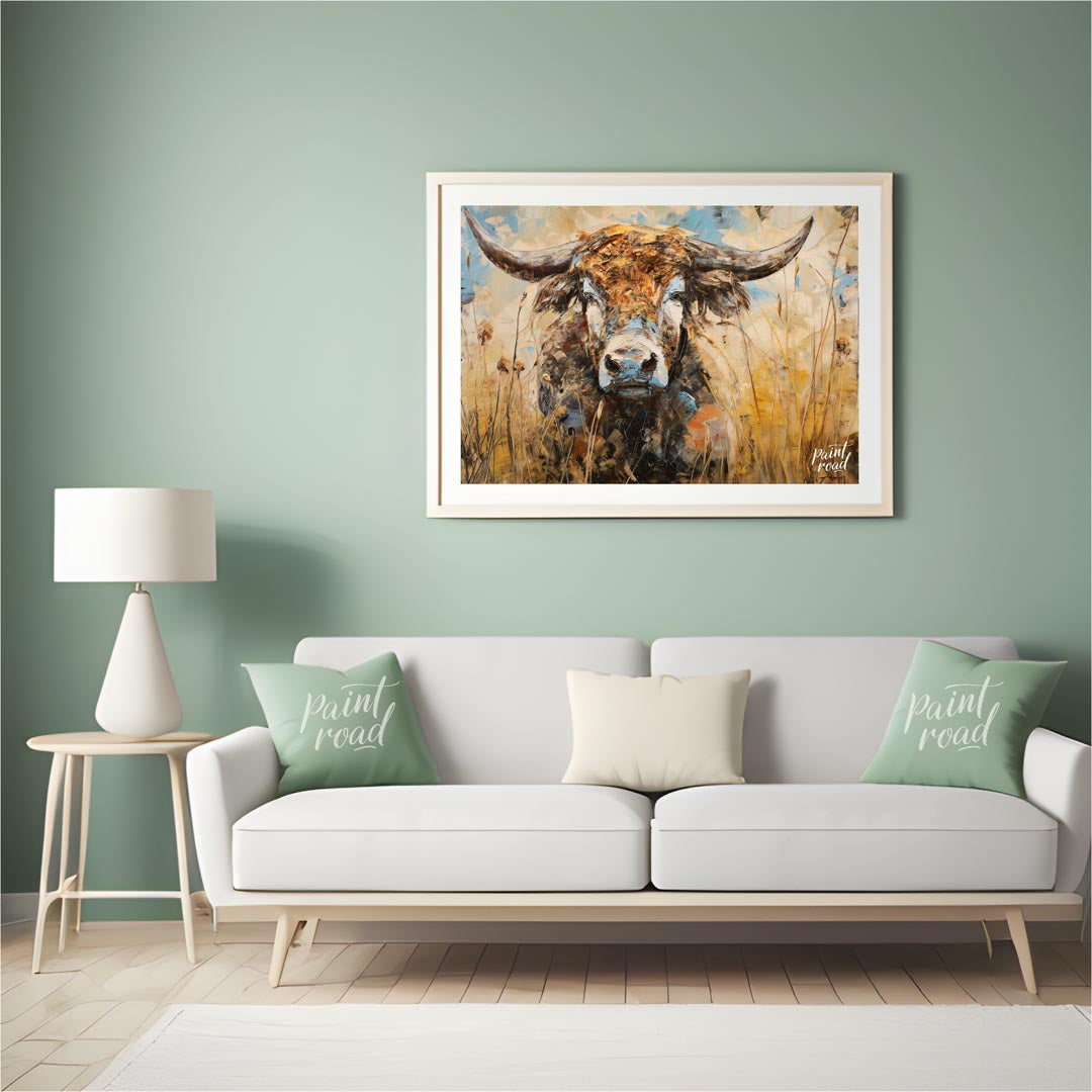 This powerful and expressive oil painting features a majestic bull, depicted with a striking impast… for living room