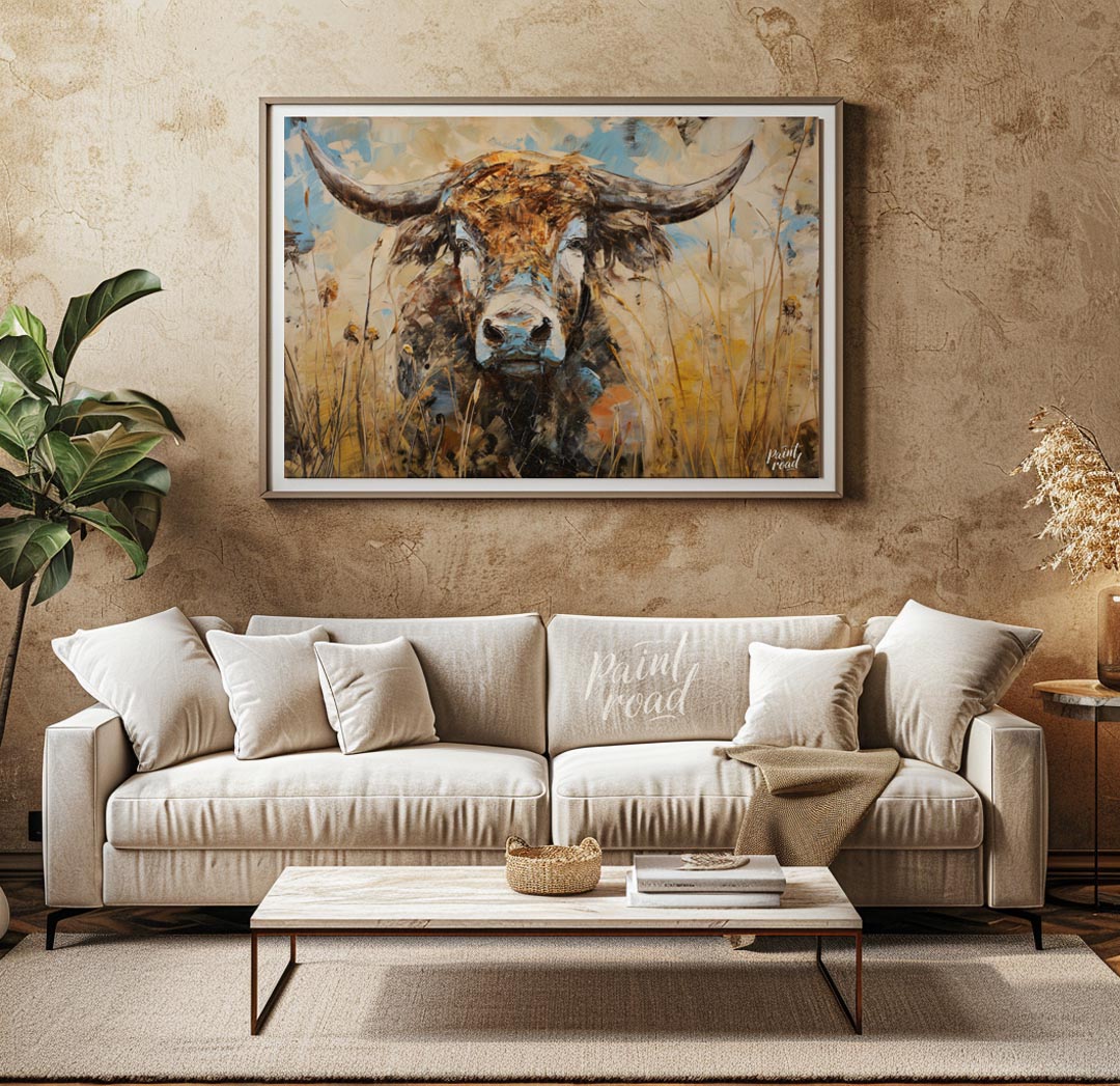This powerful and expressive oil painting features a majestic bull, depicted with a striking impast… for living room
