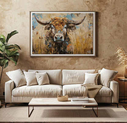 This powerful and expressive oil painting features a majestic bull, depicted with a striking impast… for living room