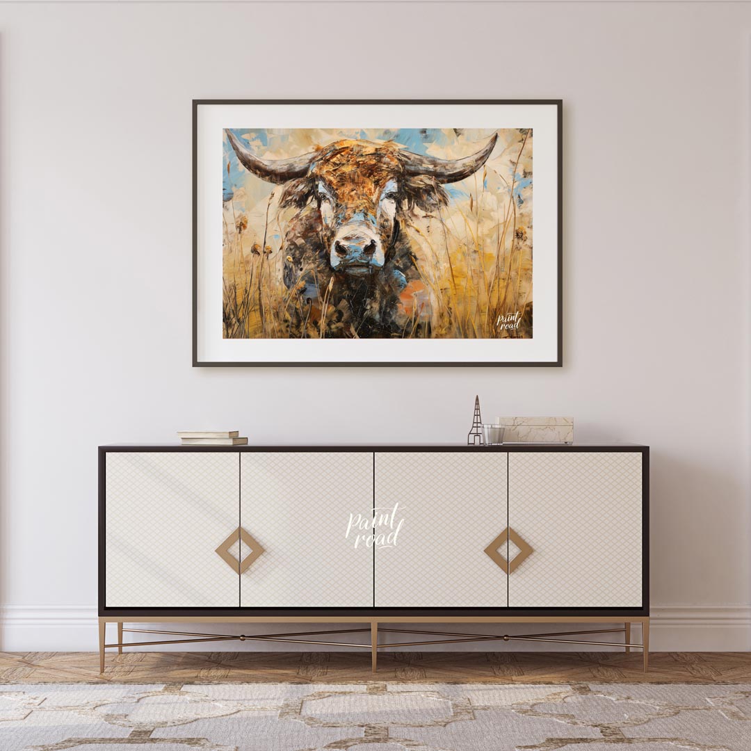 This powerful and expressive oil painting features a majestic bull, depicted with a striking impast… for living room