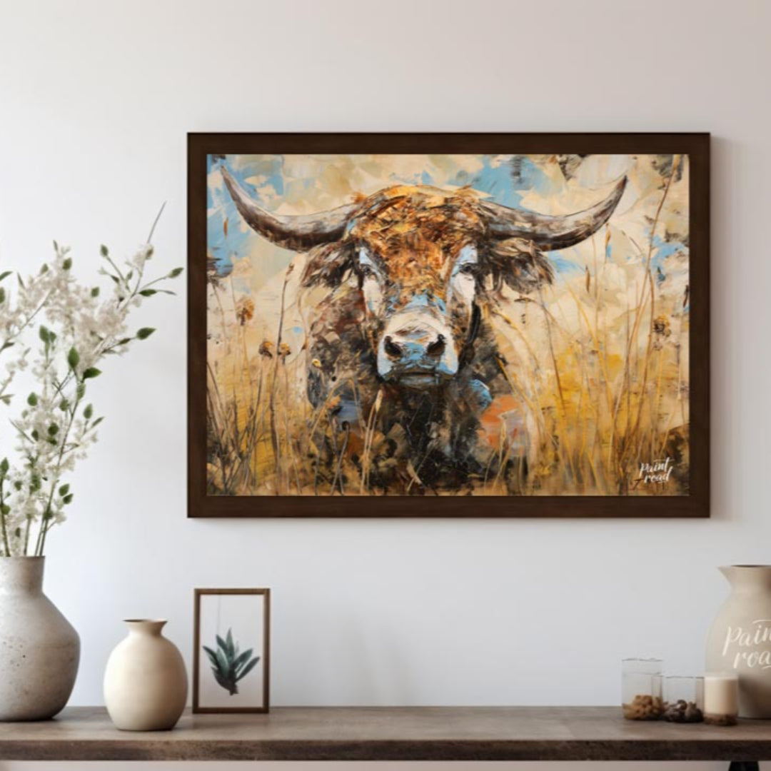 This powerful and expressive oil painting features a majestic bull, depicted with a striking impast… for other
