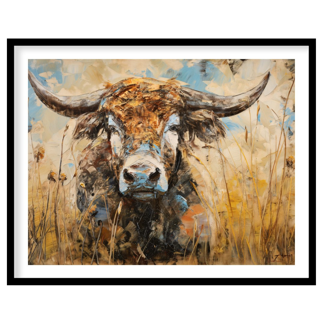 This powerful and expressive oil painting features a majestic bull, depicted with a striking impast… for sweet-home