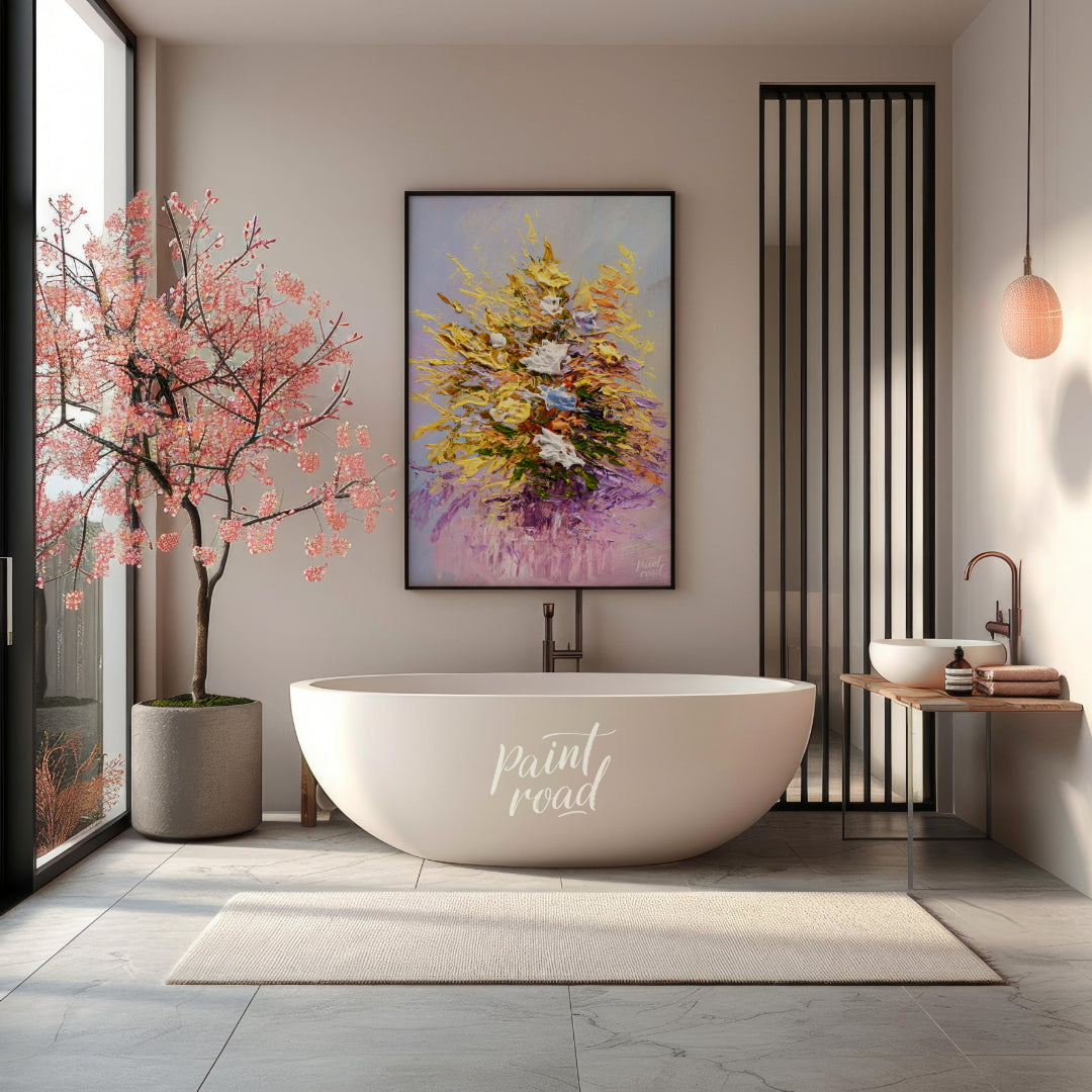 This vibrant painting captures a bouquet of flowers in a dynamic, impasto style, with thick, textur… for bathroom