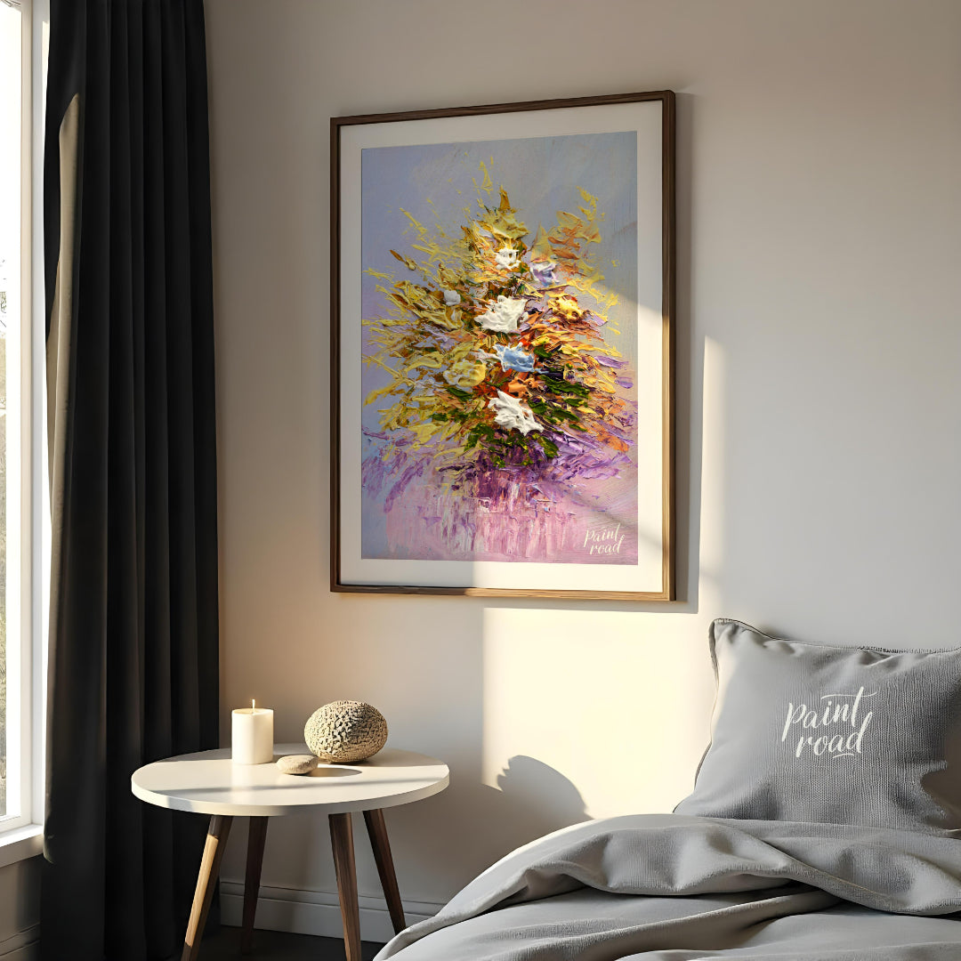 This vibrant painting captures a bouquet of flowers in a dynamic, impasto style, with thick, textur… for bedroom