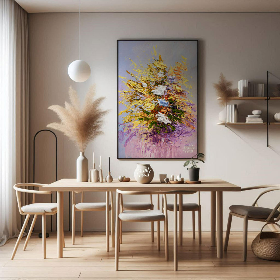 This vibrant painting captures a bouquet of flowers in a dynamic, impasto style, with thick, textur… for dining room