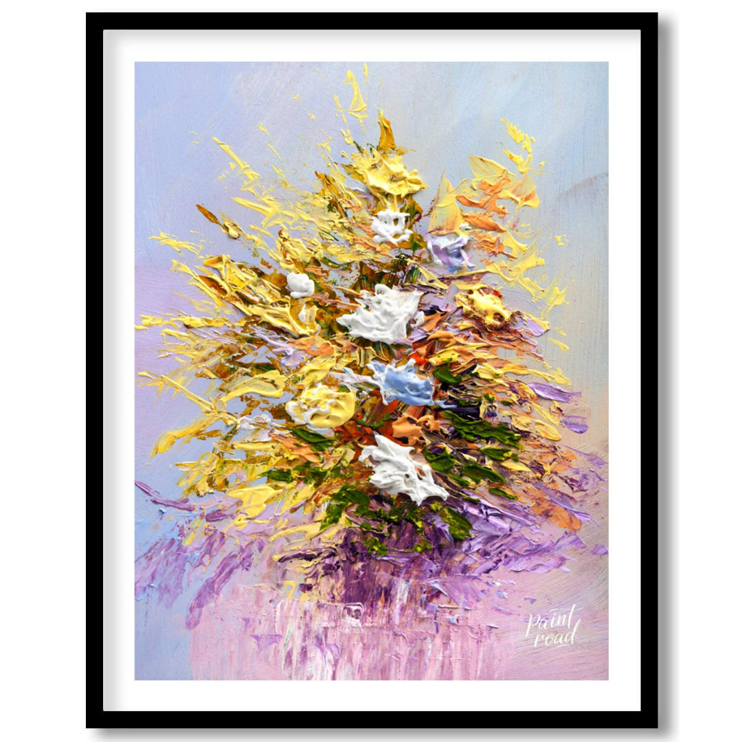 This vibrant painting captures a bouquet of flowers in a dynamic, impasto style, with thick, textur… for home