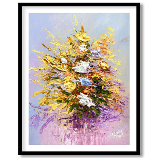 This vibrant painting captures a bouquet of flowers in a dynamic, impasto style, with thick, textur… for home
