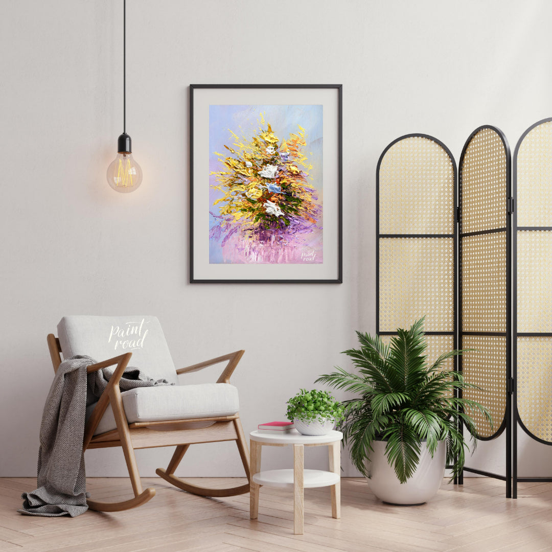 This vibrant painting captures a bouquet of flowers in a dynamic, impasto style, with thick, textur… for living room