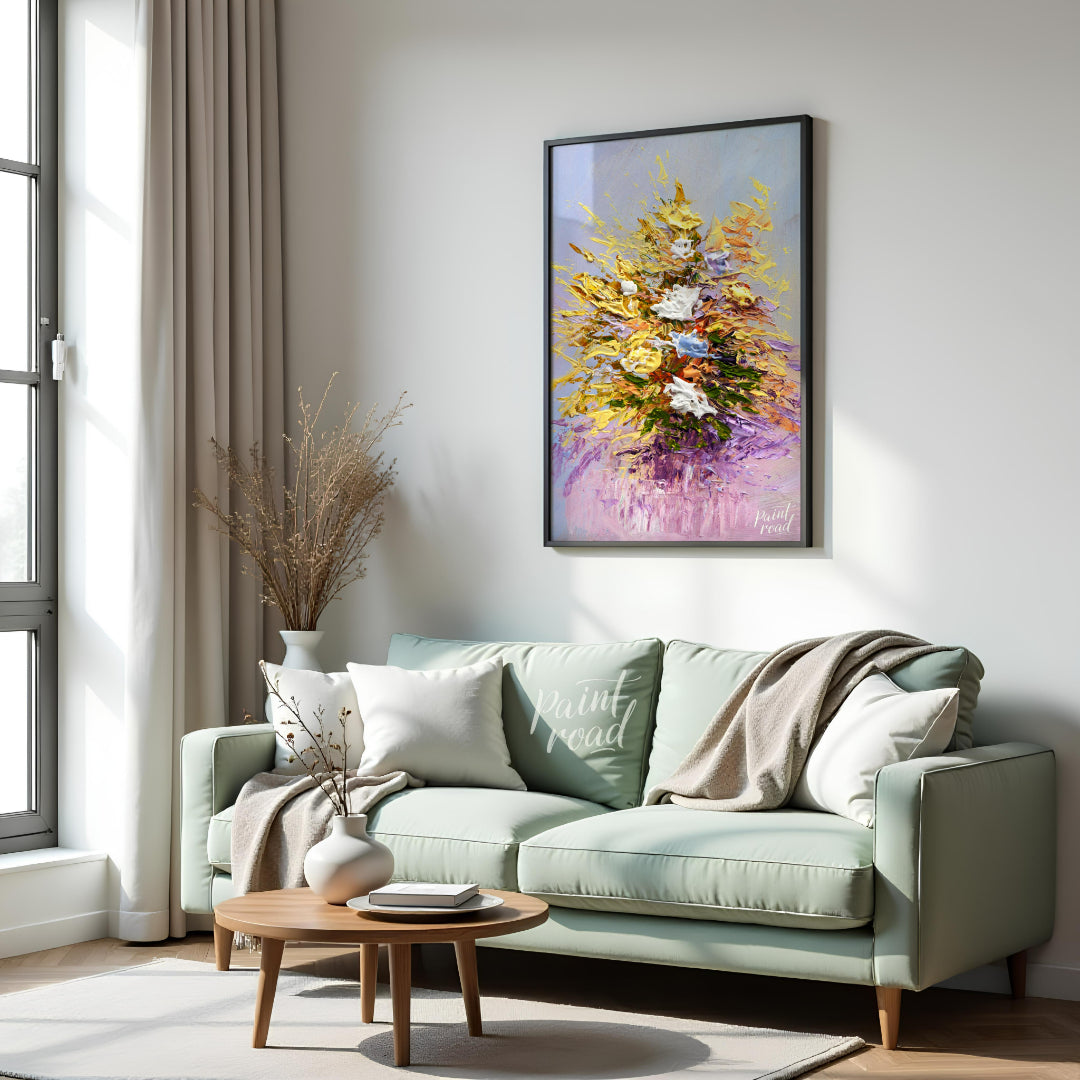 This vibrant painting captures a bouquet of flowers in a dynamic, impasto style, with thick, textur… for living room