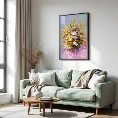 This vibrant painting captures a bouquet of flowers in a dynamic, impasto style, with thick, textur… for living room