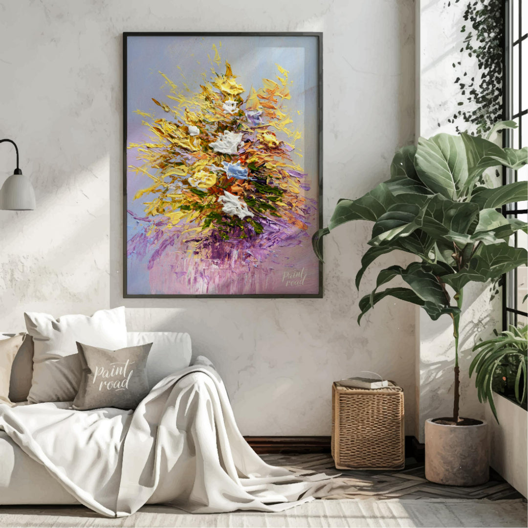 This vibrant painting captures a bouquet of flowers in a dynamic, impasto style, with thick, textur… for living room