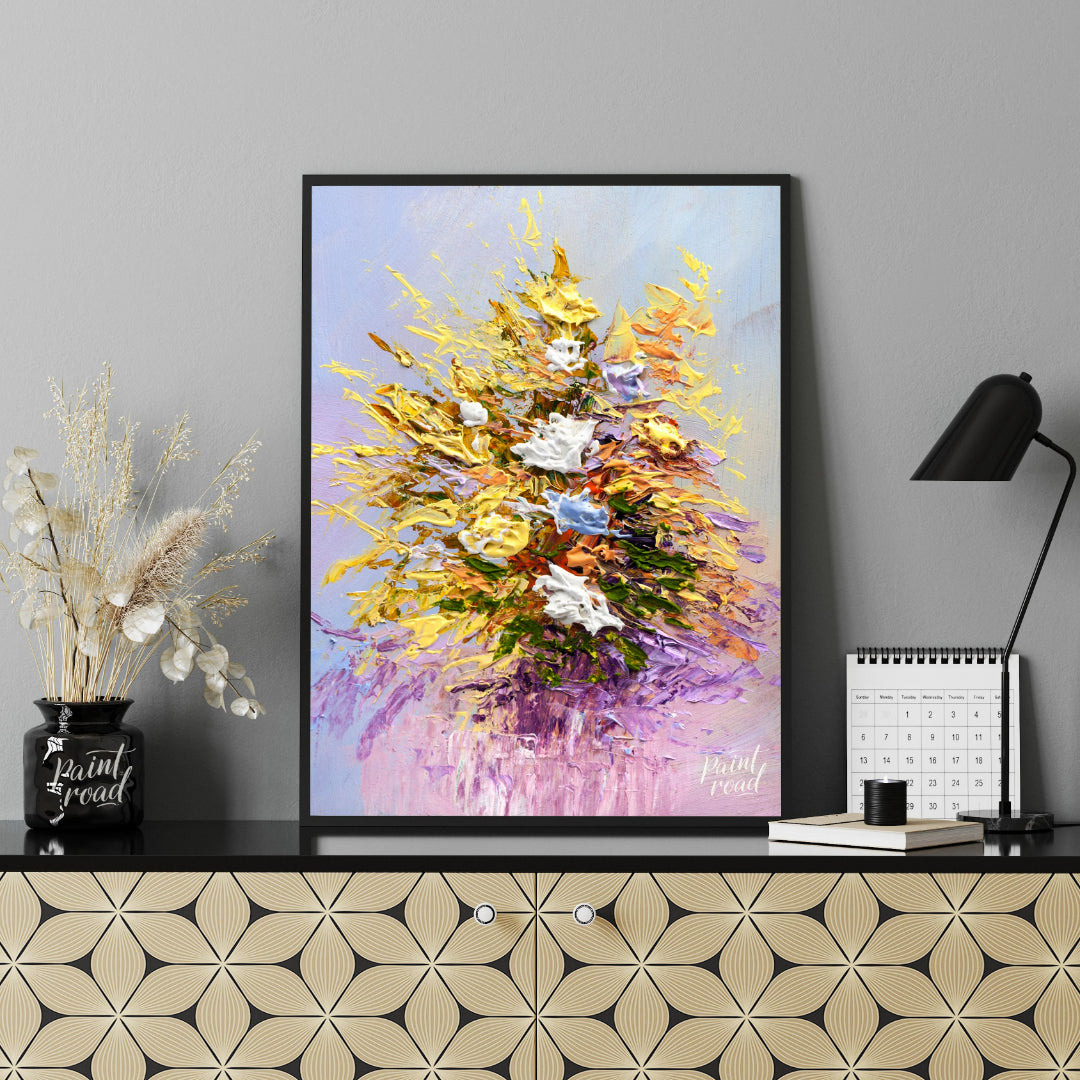 This vibrant painting captures a bouquet of flowers in a dynamic, impasto style, with thick, textur… for office